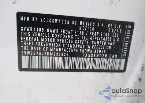 2017 Volkswagen Jetta 1.4T S z USA, uszkodzony, nr VIN 3VW2B7AJ3HM236926